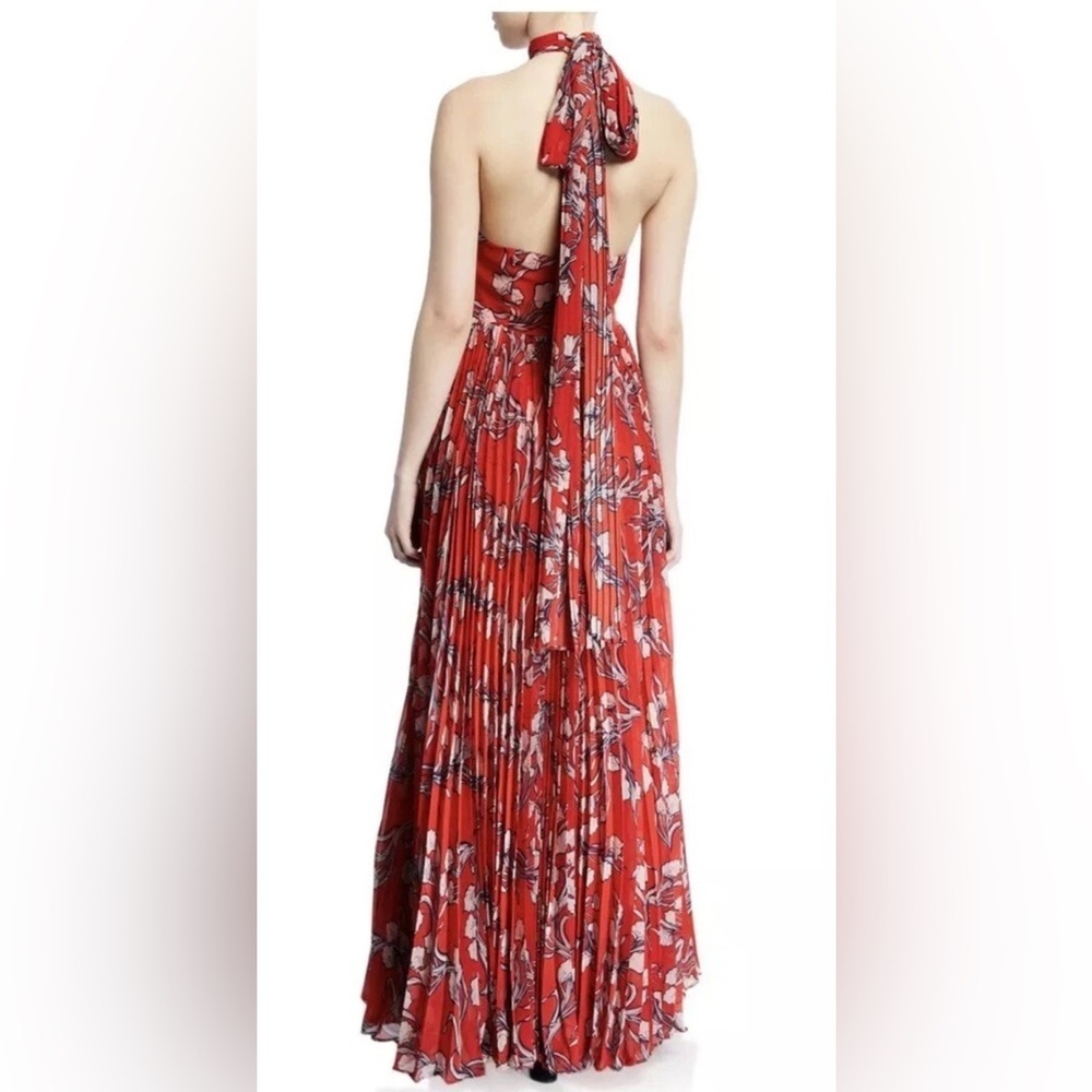 Fame & Partners Red Floral Halter Maxi Dress Pleated Open Back Size 6 - Picture 3 of 5